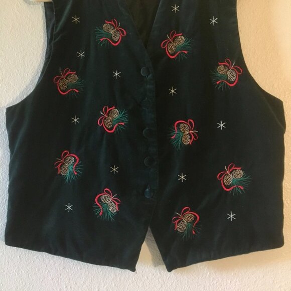 VTG Karen Scott Ugly Christmas Velvet Vest 100% Cotton Pinecones Snowflakes Sz L - Picture 4 of 6